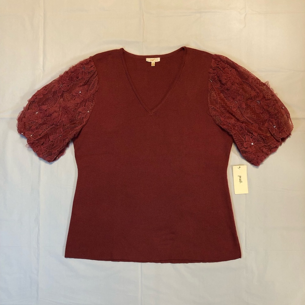 NWT Peach Womens Lace Sleeve V-Neck Pullover Stretch Dark Dusty Rose Pink Top 2X